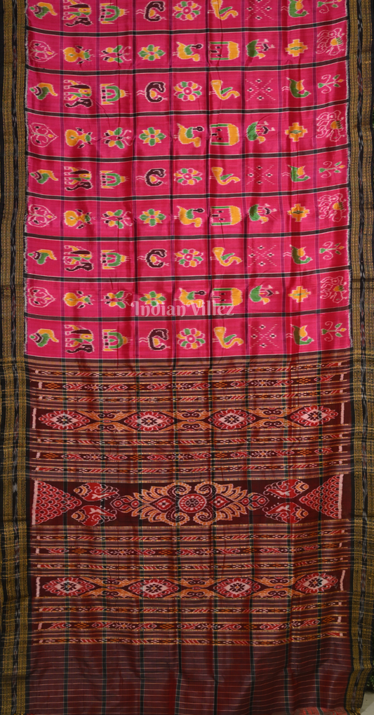 Rani Pink Coffee Nabakothi Odisha Ikat Khandua Silk Saree 