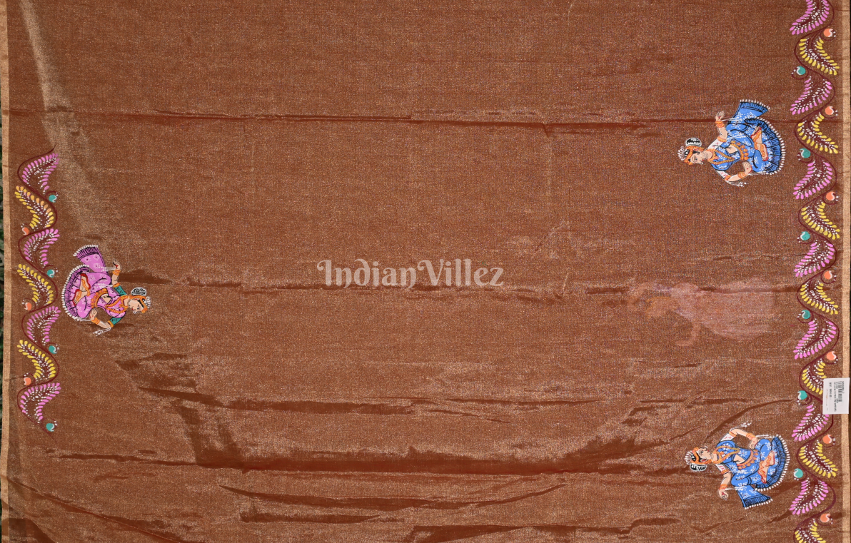 Rust Orange Dual Tone Krishna Raas Leela Hand- Painted Pattachitra Saree (Tissue)