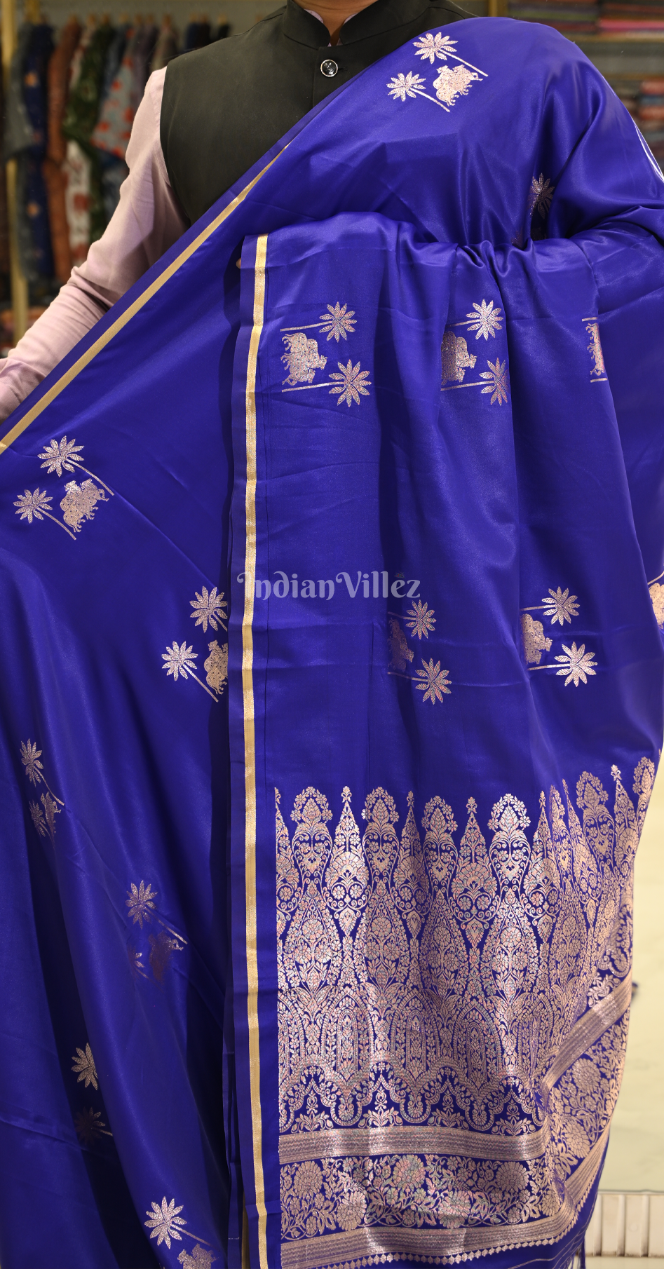 Indigo Blue Mashru Satin Banarasi Silk Saree with Pichwai Motif