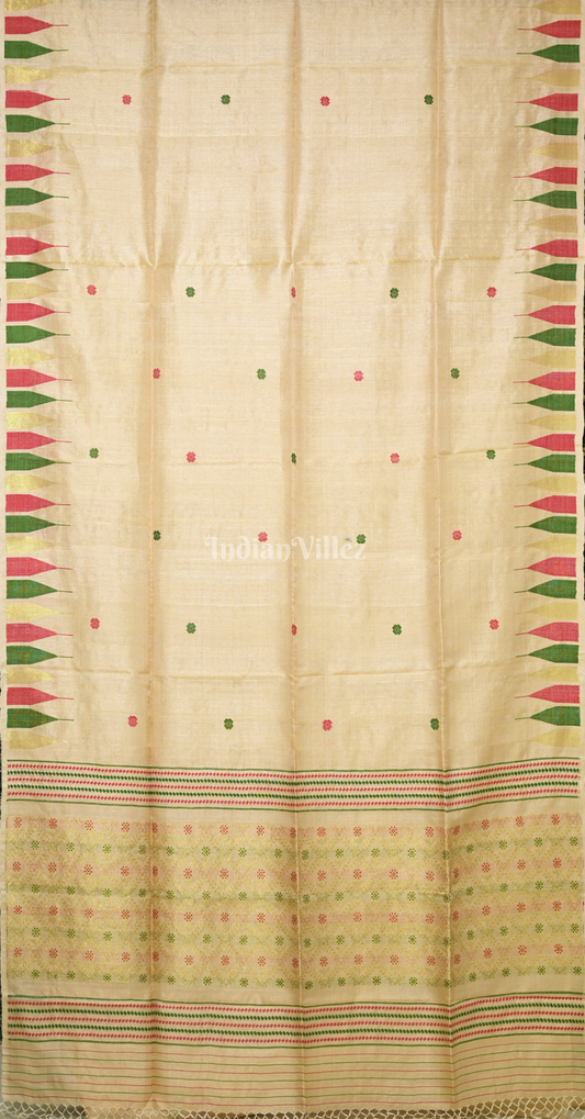 Beige with Green Pink Buti Design Tussar Silk Jamdani Saree 