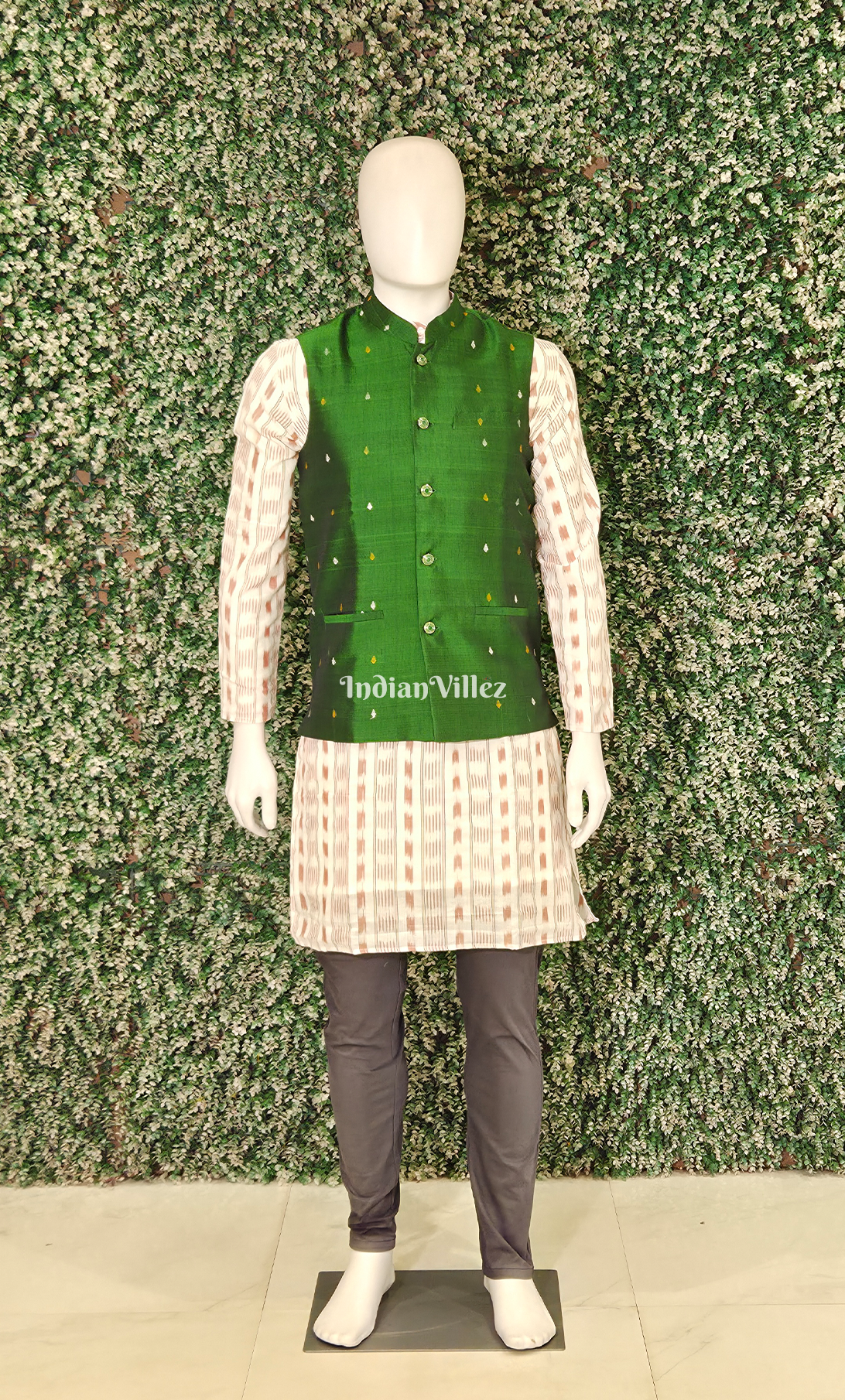  Forest Green Buti Design Odisha Ikat Half Bandi Jacket for Men