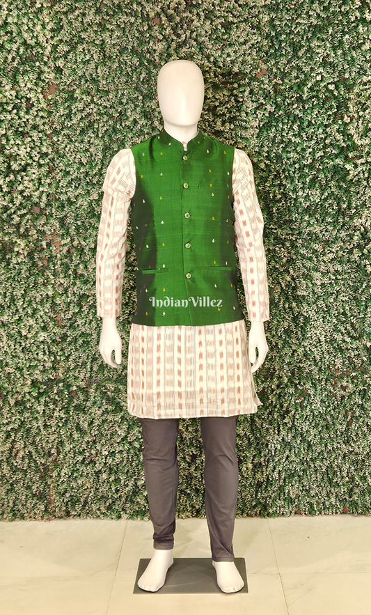  Forest Green Buti Design Odisha Ikat Half Bandi Jacket for Men