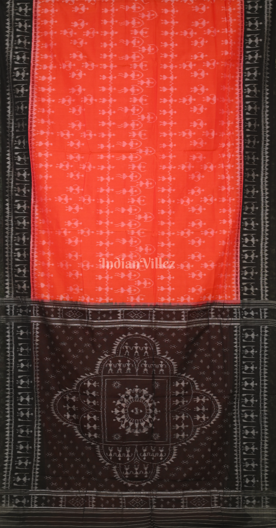 Orange Black Tribal Theme Odisha Ikat Sambalpuri Cotton Saree 