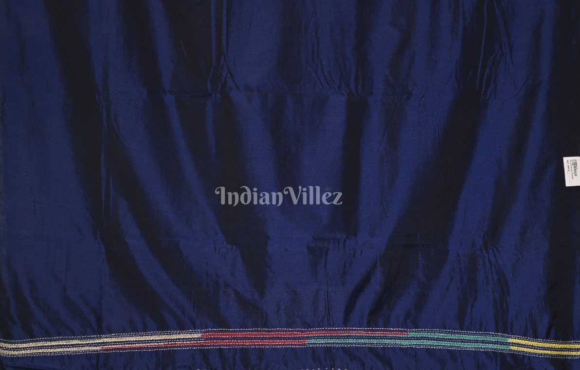 Royal Blue Floral Handwoven Kantha Stitch Silk Saree 