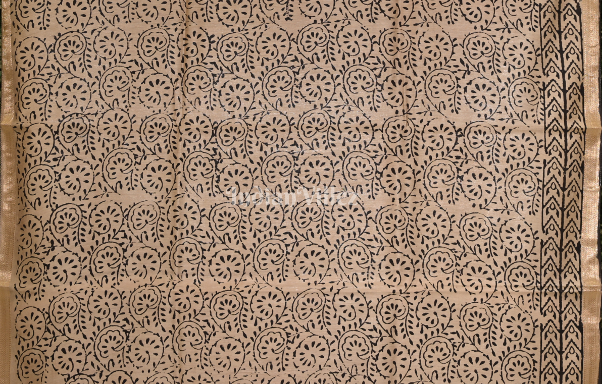 Maroon Block Printed Bagru Cotton Saree 