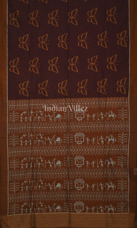 Coffee Brown Butterfly Theme Odisha Ikat Sambalpuri Cotton Saree with Tribal Anchal 