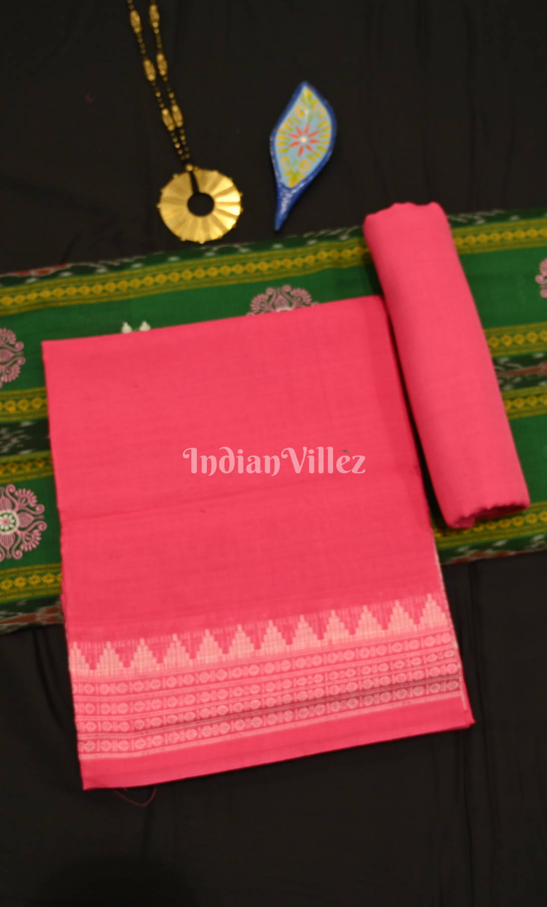 Green Pink Buti Flower Design Odisha Ikat Sambalpuri Cotton Dress set with Dupatta 