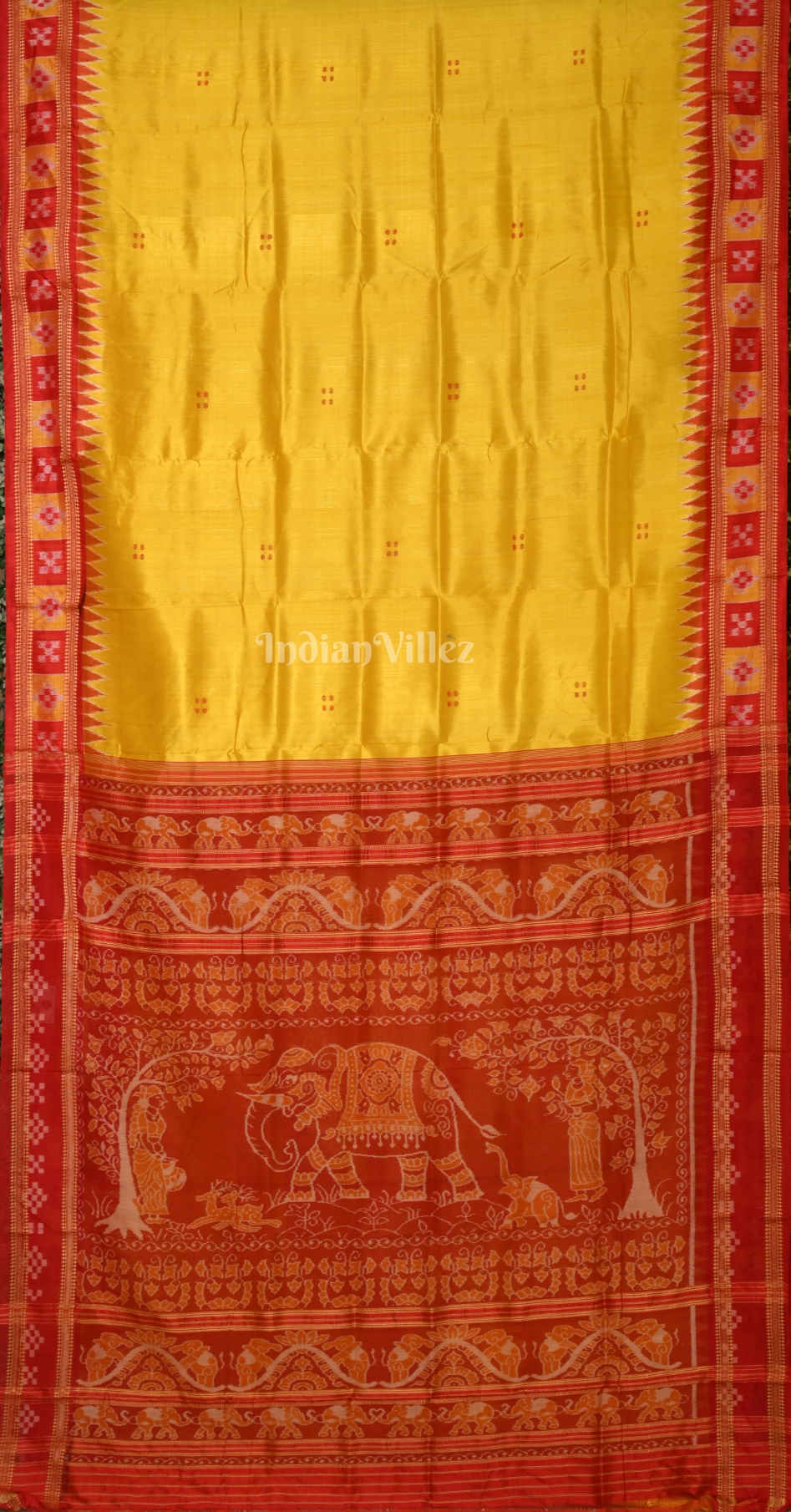 Yellow Red Pasapali Border Khandua Silk Saree with Elephant Anchal 