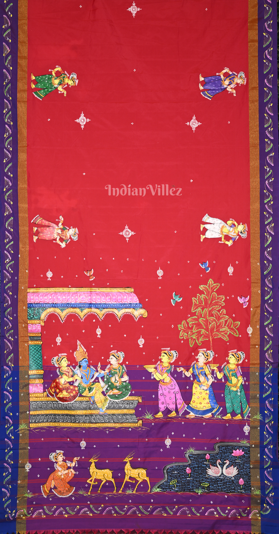 Red Purple Krishna Raas Leela Hand-Painted Pattachitra Saree 