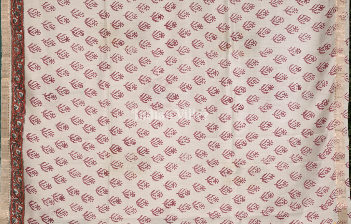 White Block Printed Sanganeri  Cotton Saree 