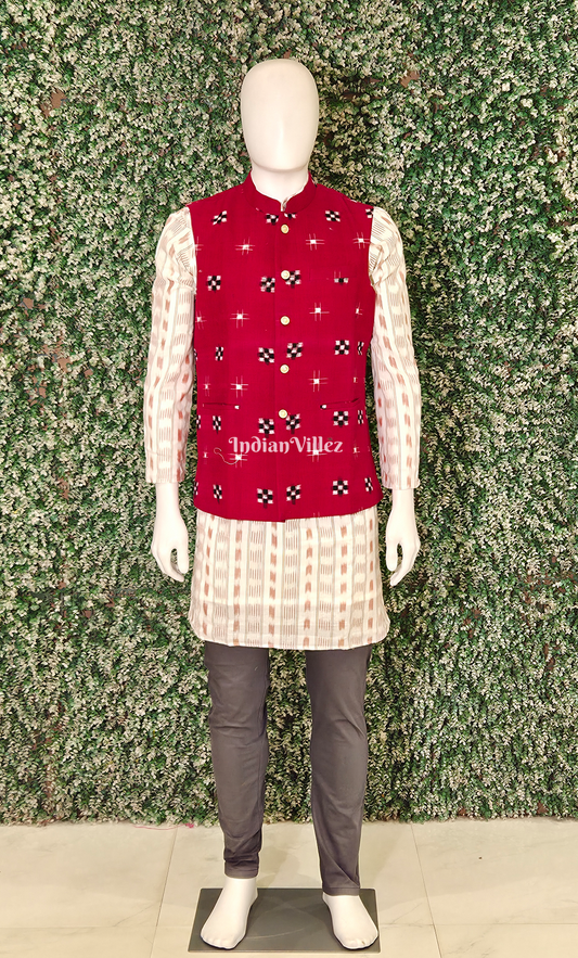 Red Black Pasapali Odisha Ikat Half Bandi Jacket for Men
