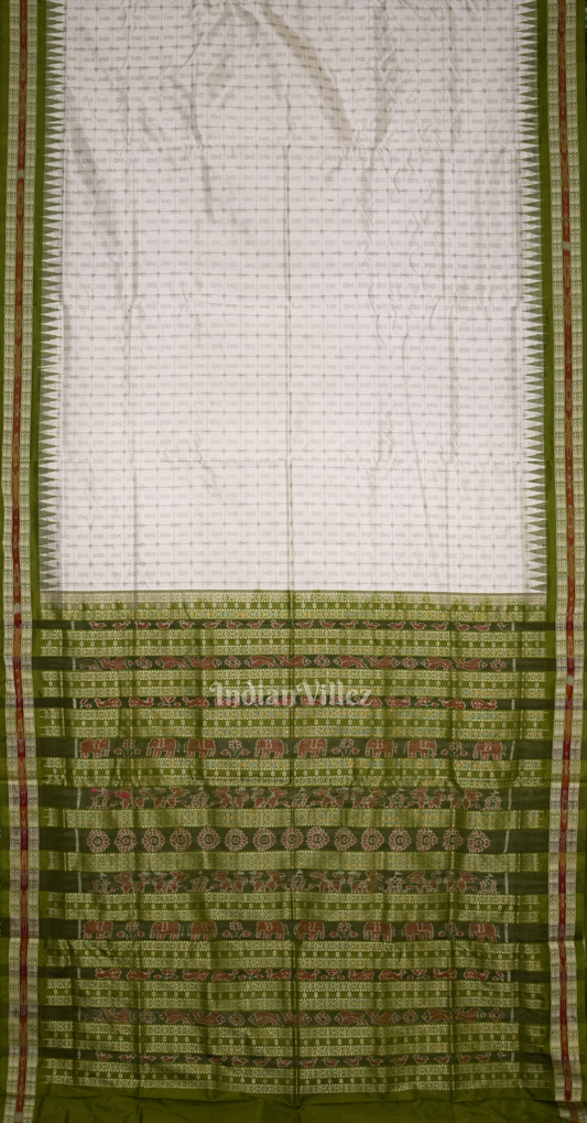 White Olive Green Hazarbuti Odisha Ikat Tussar Silk Saree 