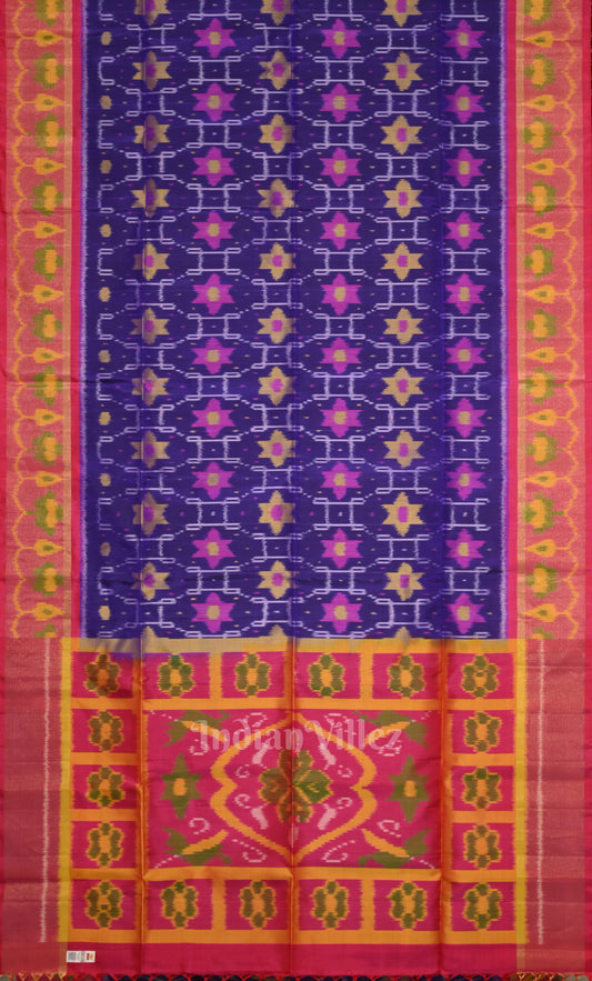 Blue Pink Pochampally Ikat Silk Saree