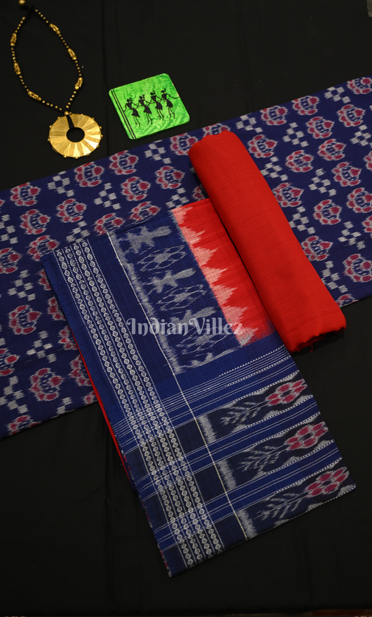 Blue Flower Paspali Odisha Ikat Sambalpuri Dress Set & Dupatta 