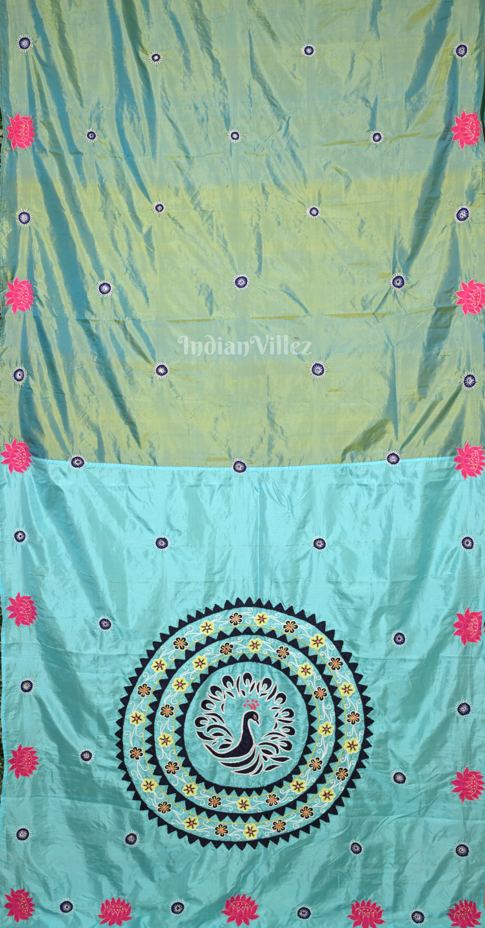Turquoise Green & Blue Hand Embroidered Applique Work Saree 