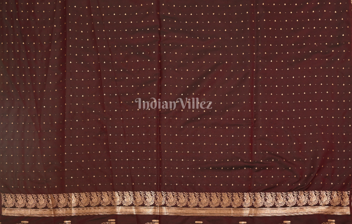 Coffee Golden Peacock Design Pure Mashru Satin Silk Banarasi Saree