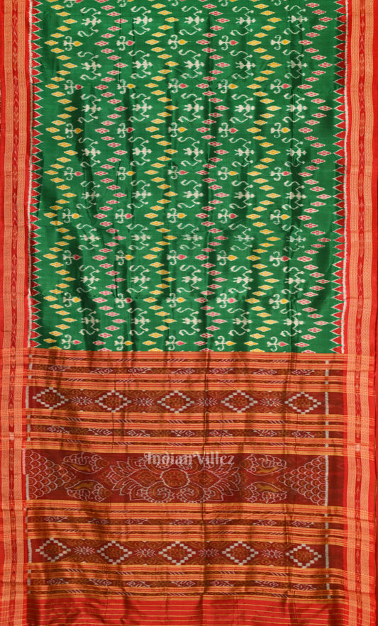 Green Red Tribal Theme Odisha Ikat Khandua Silk Saree 