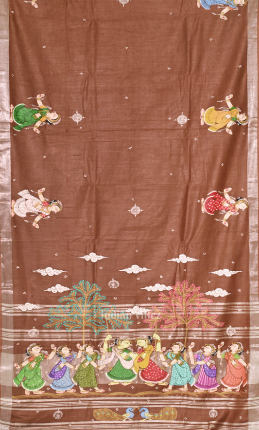 Light Maroon Raja Doli Theme Hand-Painted Pattachitra Saree