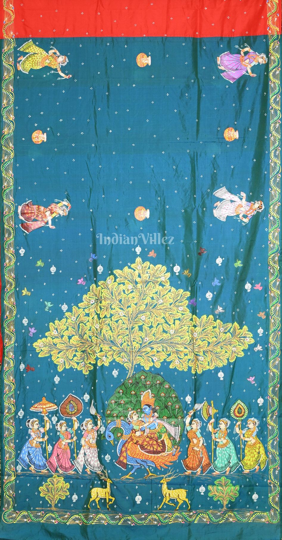 Red Peacock Blue (Mayur) & Nartaki Theme Dual Tone Hand-Painted Pattachitra Saree 
