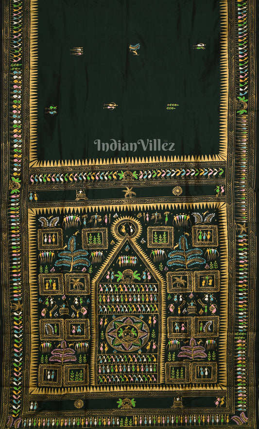 Bottle Green Saura Tribal Art Hand-Painted Pattachitra Saree