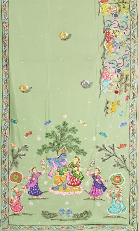 Pista Green Radha Krishna Raasleela Hand-Painted Pattachitra Saree 