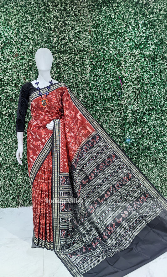 Red Black Dasakothi Odisha Ikat Sambalpuri Silk Saree