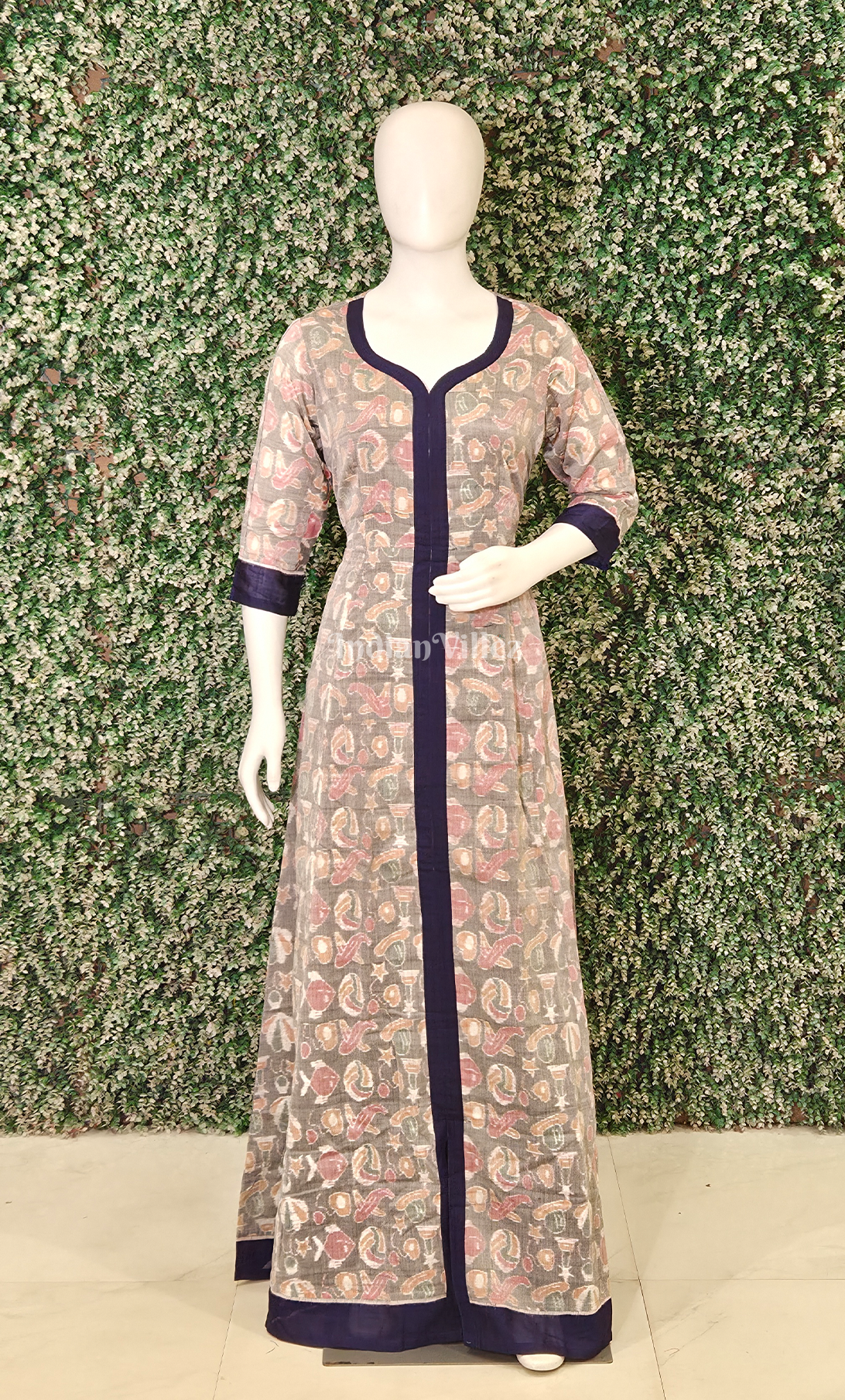 Grey Blue Fish Motif Odisha Ikat Designer Gown For Women