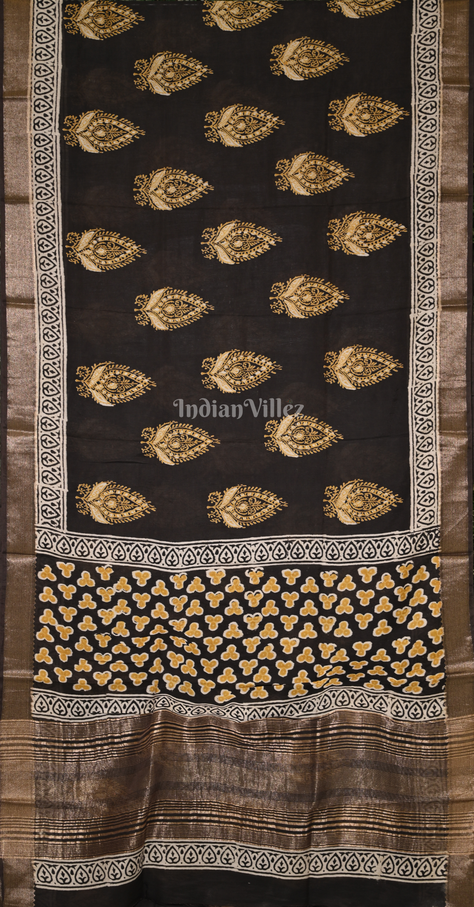 Black Yellow Block Printed Dabu Cotton Saree