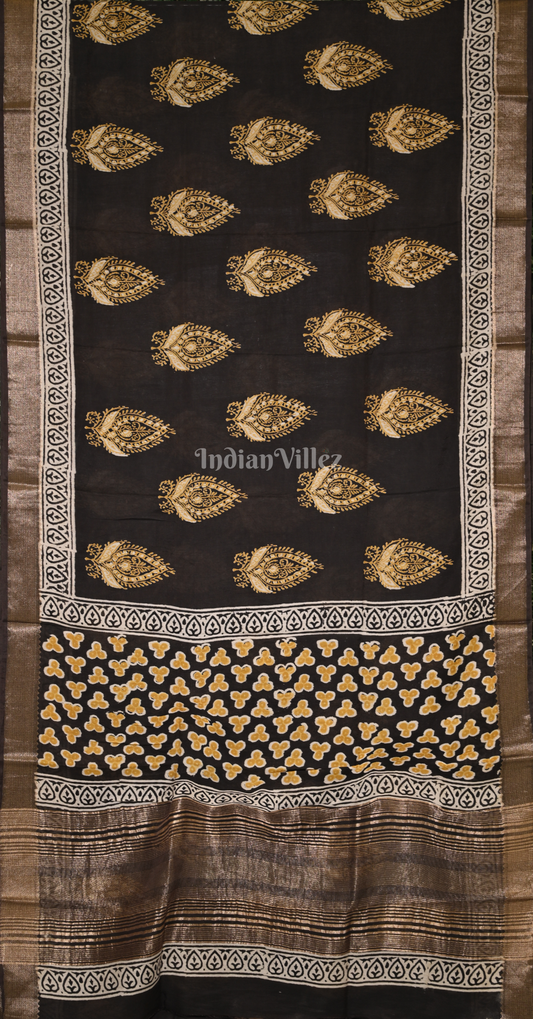 Black Yellow Block Printed Dabu Cotton Saree