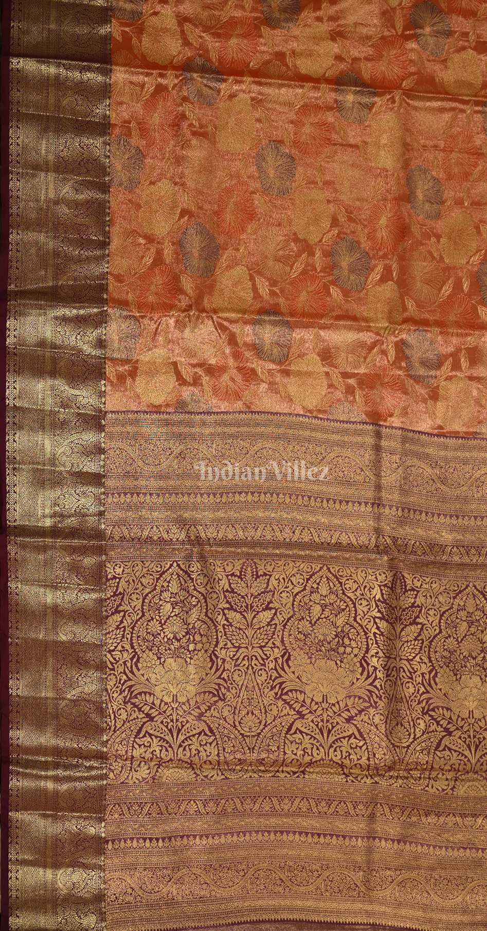 Metallic Orange Purple Floral Pure Kanjivaram Tissue Silk Saree