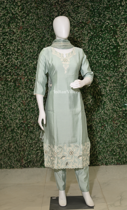 Light Blue Embroidered  Kurta Pant with Dupatta Set 