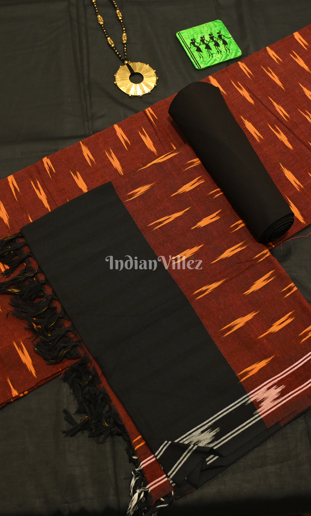 Brown Black Pochampally Ikat Cotton Unstitched Suit Sets