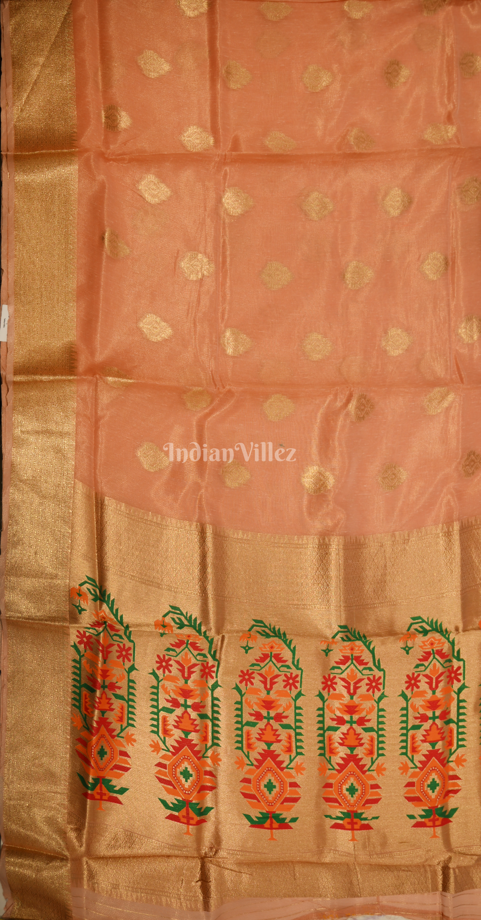 Melon Peach Kora Tissue Saree With Paithani Pallu