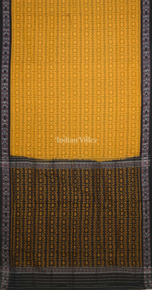 Yellow Black Flower Scot Odisha Ikat Sambalpuri Cotton Saree