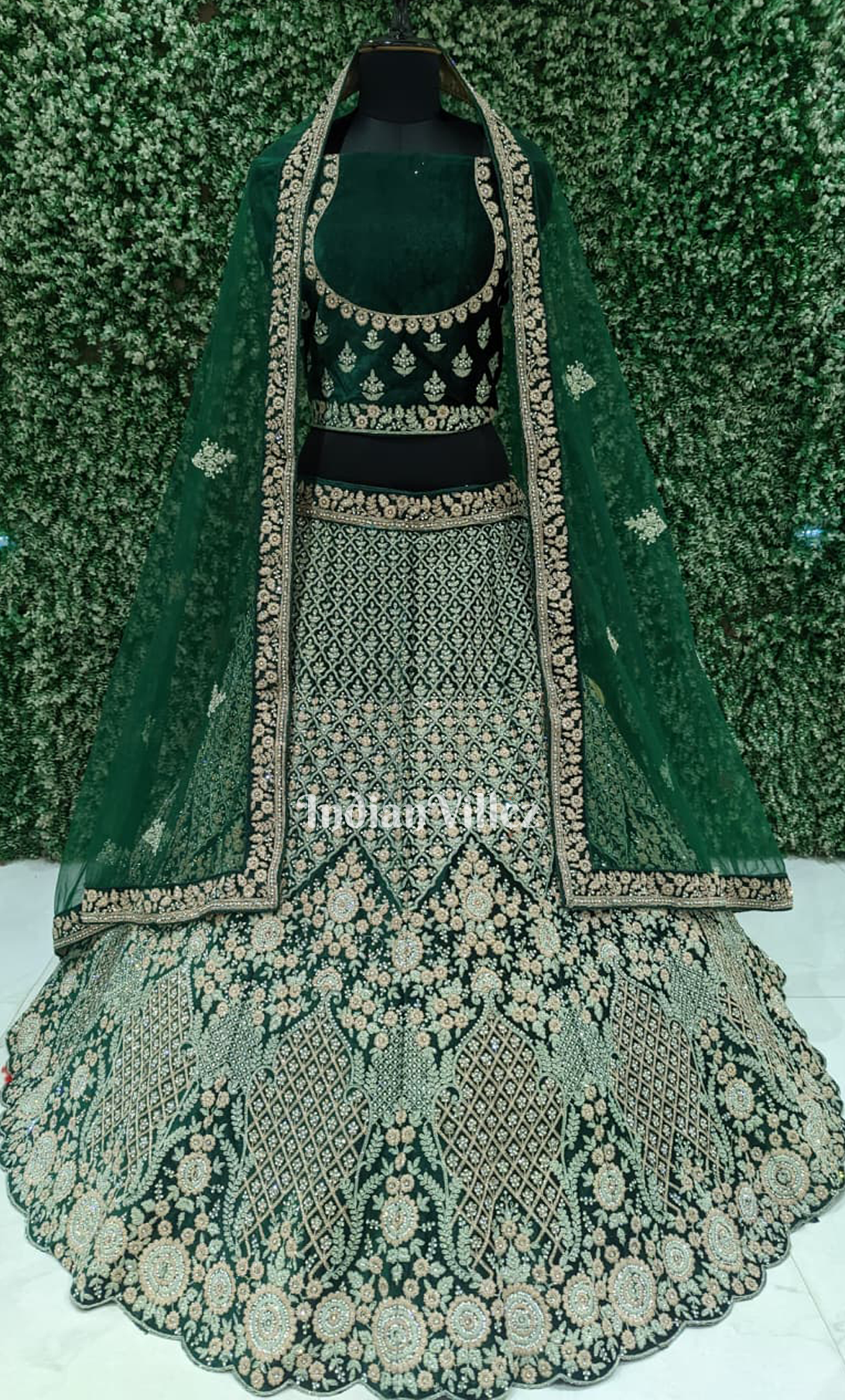 Dark Green Bridal Velvet Embroidery Work Lehenga Choli With Dupatta