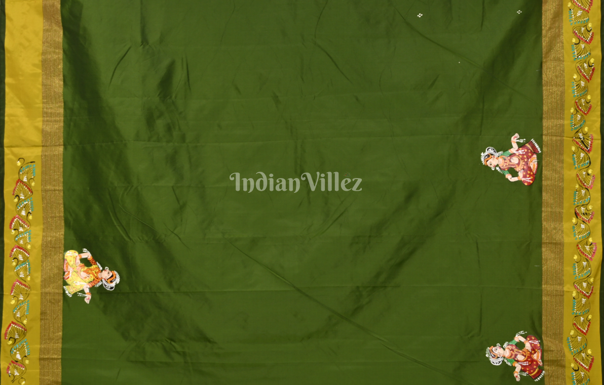 Mehendi Green Raja Doli Theme Hand-Painted Pattachitra Saree 