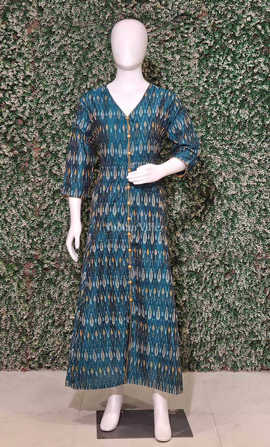 Teal Blue Pochampally Ikat Designer Long Gown for Women 