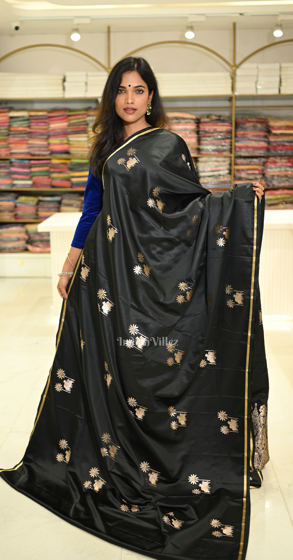 Black Mashru Satin Banarasi Silk Saree with Pichwai Motif