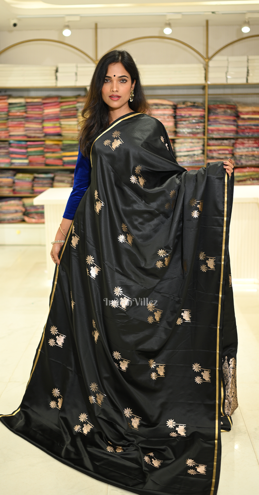 Black Mashru Satin Banarasi Silk Saree with Pichwai Motif