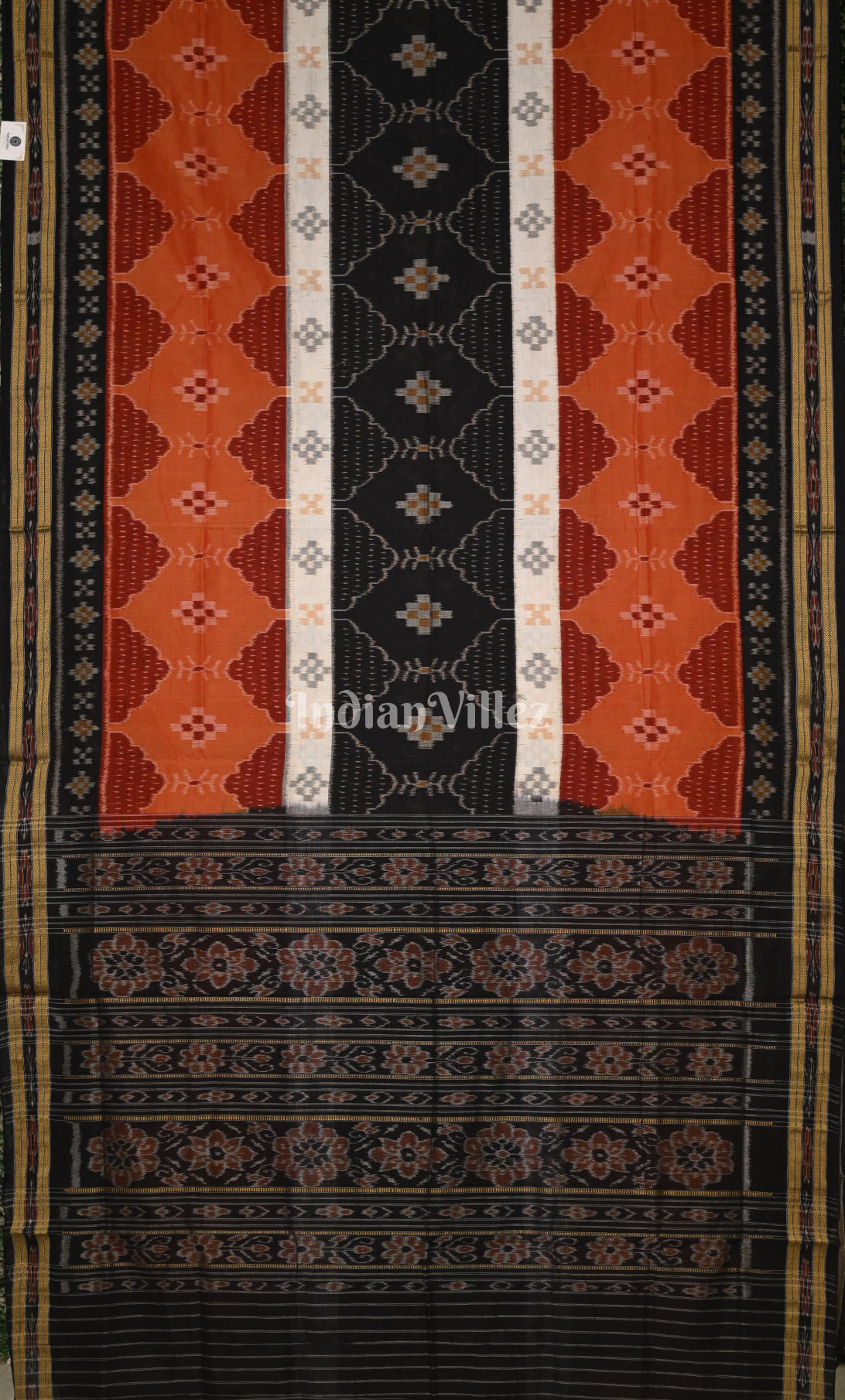 Orange Black Pasapali Odisha Ikat Sambalpuri Cotton Saree 