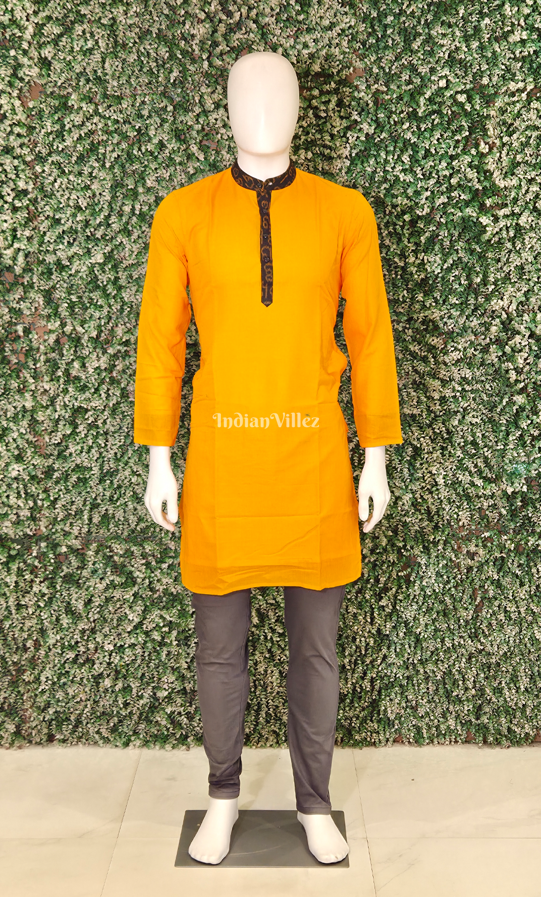 Mustard Yellow Black Odisha Ikat Cotton Kurta for Men 