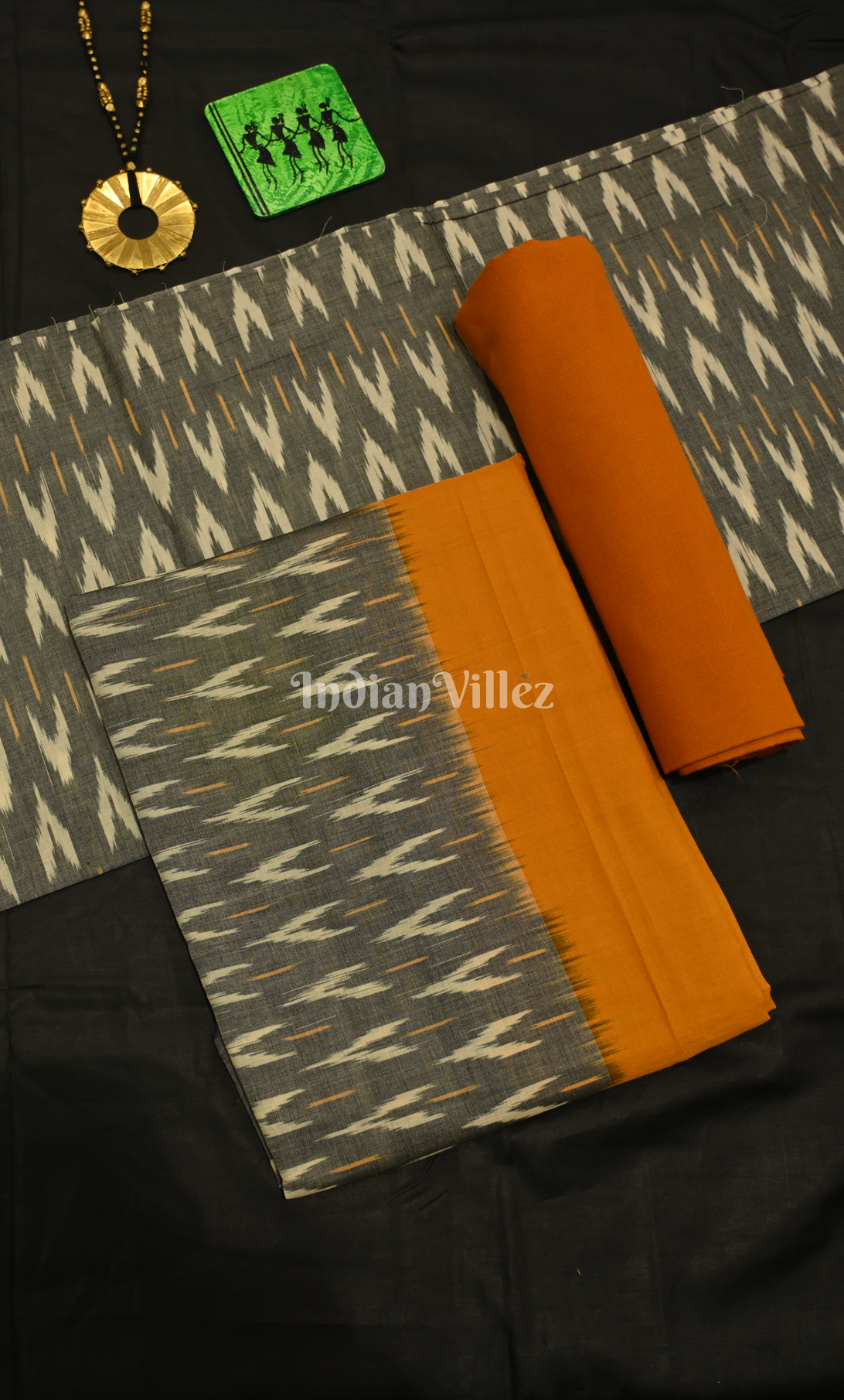 Grey Mustard Yellow Pochampally Ikat Cotton Unstitched Suit Sets