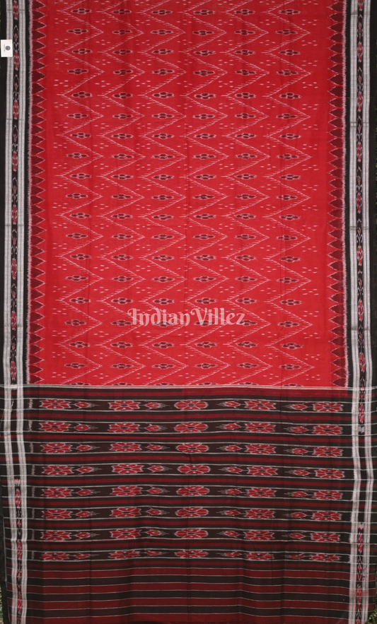 Red Black Odisha Ikat Maniabandha Cotton Saree 