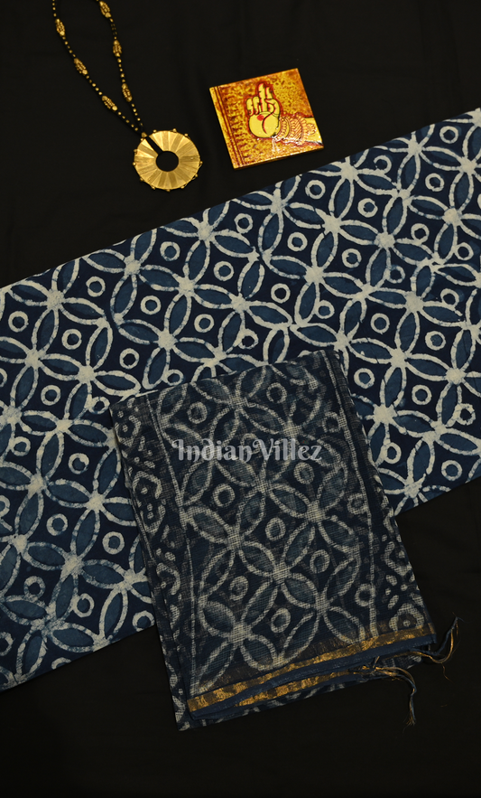 Indigo Blue White Dabu Block Printed Cotton Suit Sets 