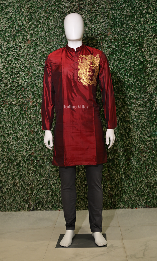 Maroon Krishna Face Theme Hand-Painted Pattachitra Kurta
