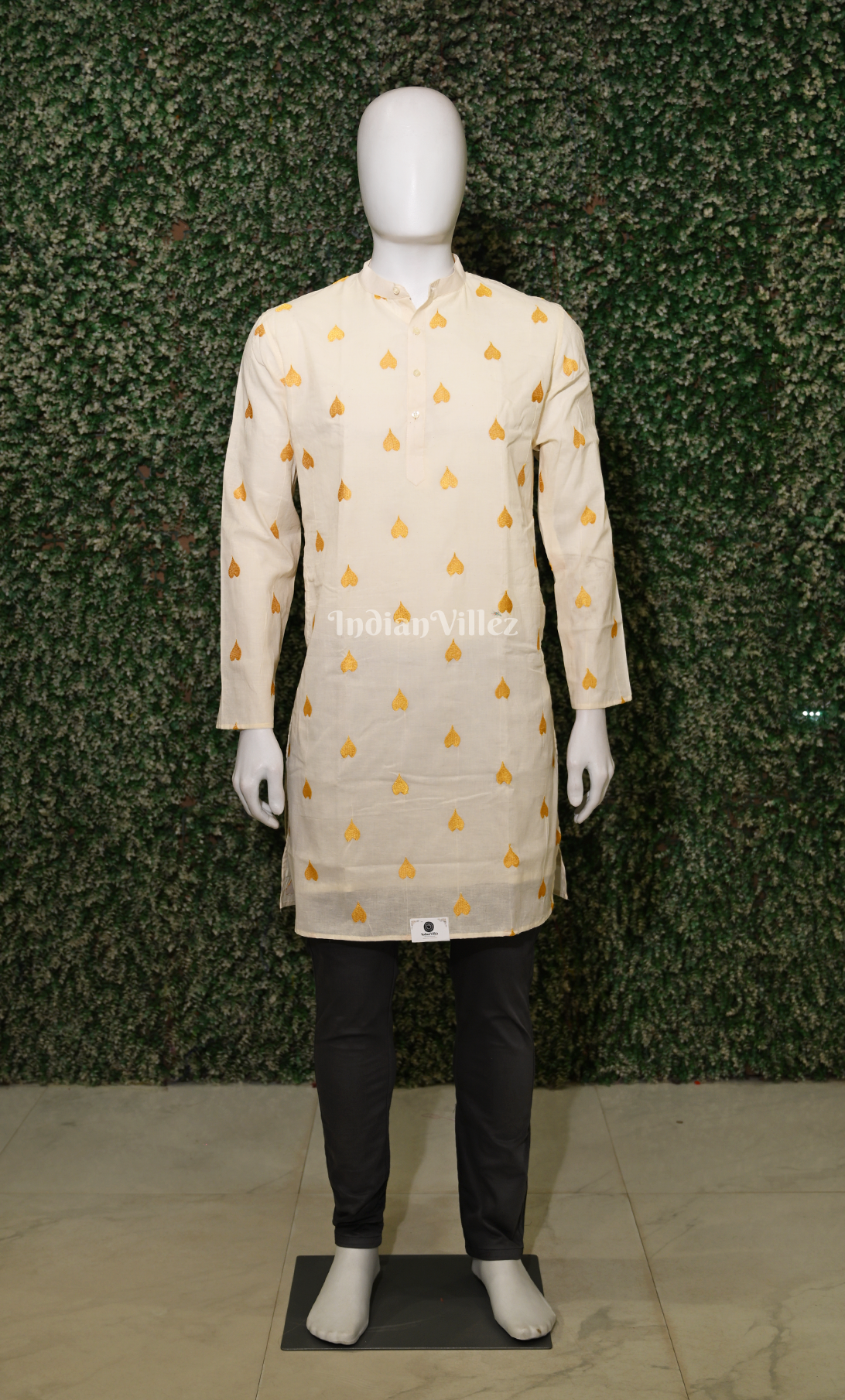Off White Yellow Thread work leaf shaped motif Odisha Ikat Cotton Kurta for Men 