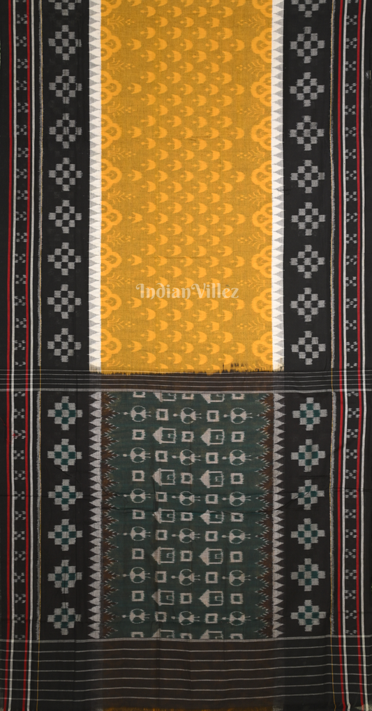 Yellow Black Diya MotifOdisha Ikat Sambalpuri Pure Cotton Saree with Double Pasapali Border