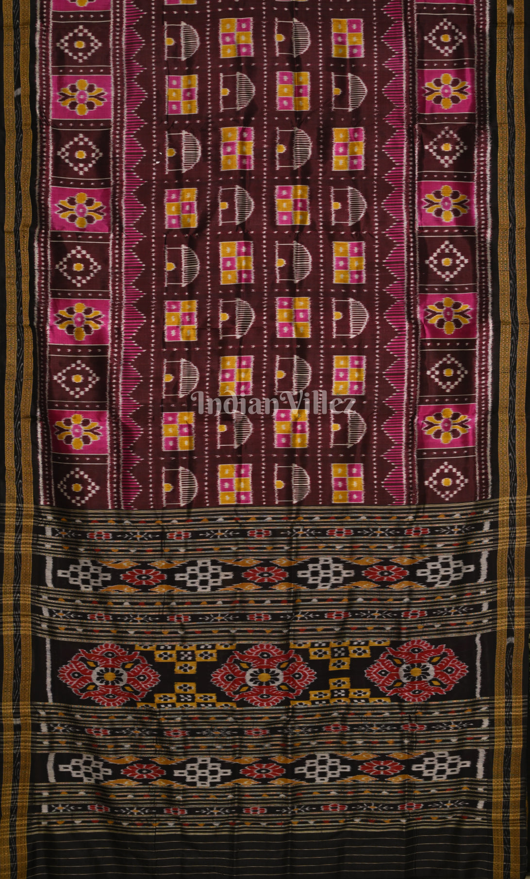 Chocolate Brown Black Odisha Ikat Khandua Silk Saree