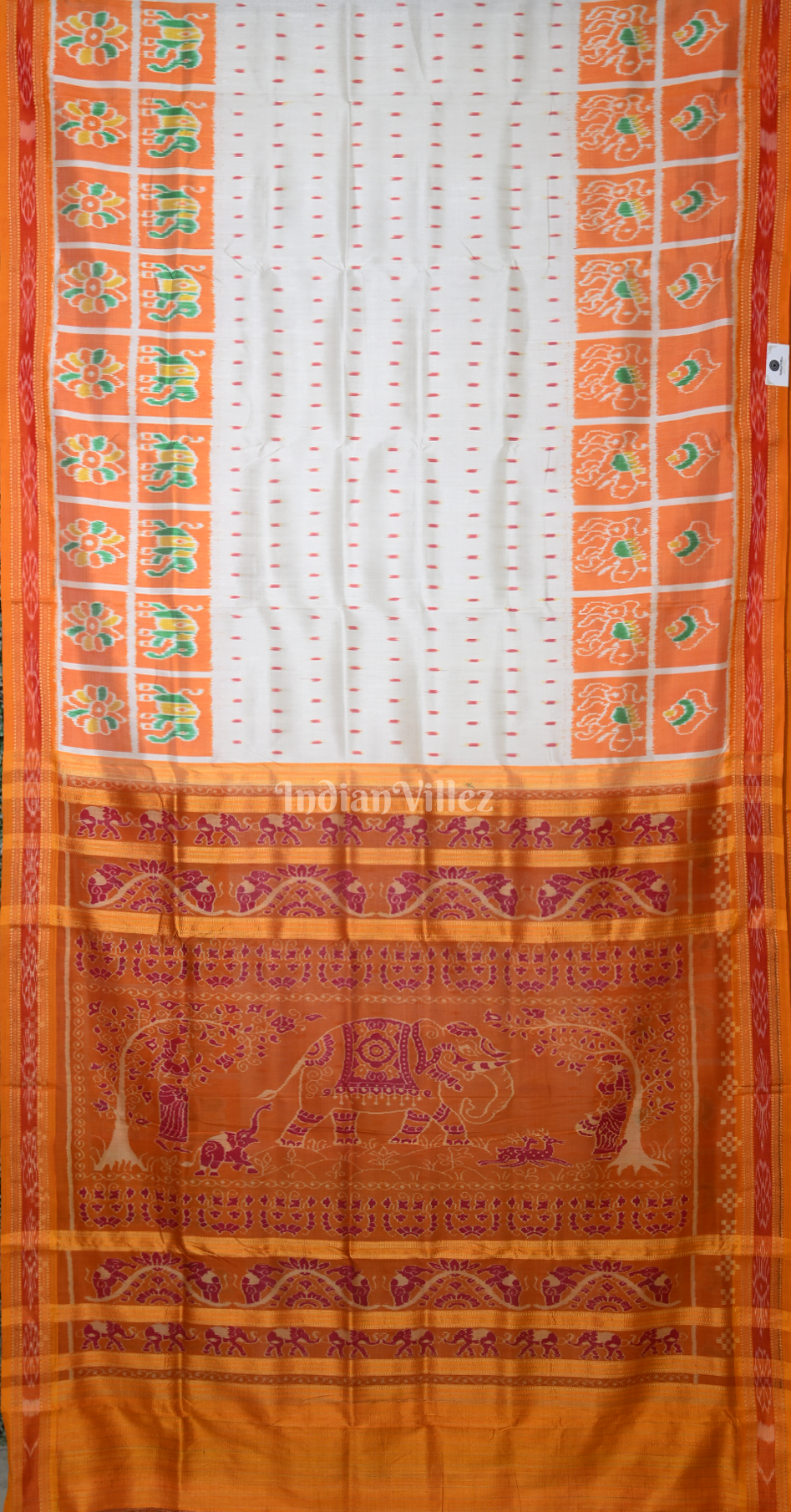 White Yellow Dot Half Odisha Ikat Khandua Silk Saree with Elephant Anchal