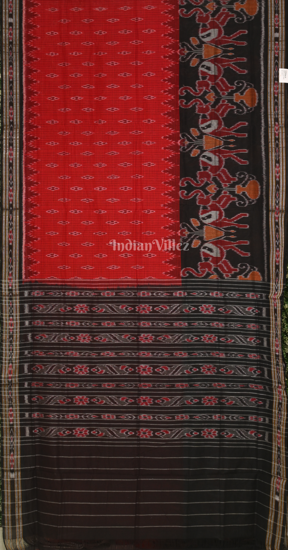 Red Black Elephant Scott Odisha Ikat Sambalpuri Cotton Saree